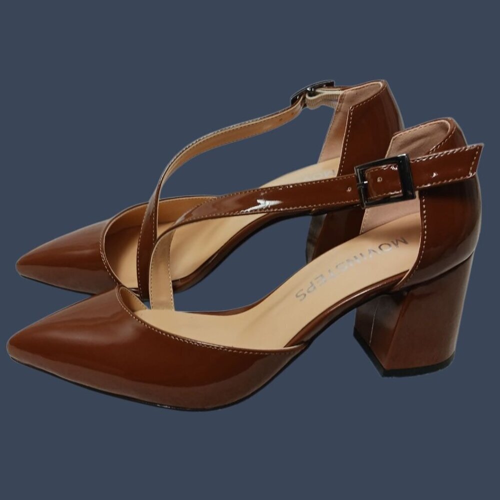 Movinsteps Womens Patent Leather Block Mid Heel Strap Pumps Brown Size 5 - Picture 14 of 14